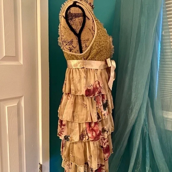 Romantic Tan Floral Ruffle Dress - Picture 2 of 12